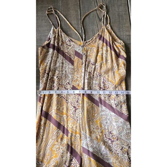 Womens Strappy Jumpsuit 6 Gold Brown V Neck Wide Leg Paisley Boho Flowy Indie - Picture 10 of 12